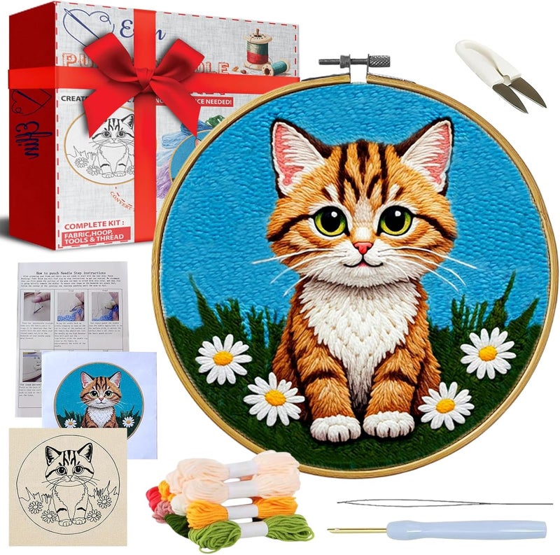Eflin Punch Needle Kits Adults Beginner - Needlepoint Kits for Adults, Cute Cat & Daisy Pattern, Natural Bamboo Hoop, Yarns, Tools, Craft Kits for Beginners, Rare Gift for Crafts, Decors, Festivals - Image 1
